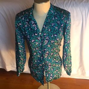 Abstract triangle Satiny Blue Green Button Blouse